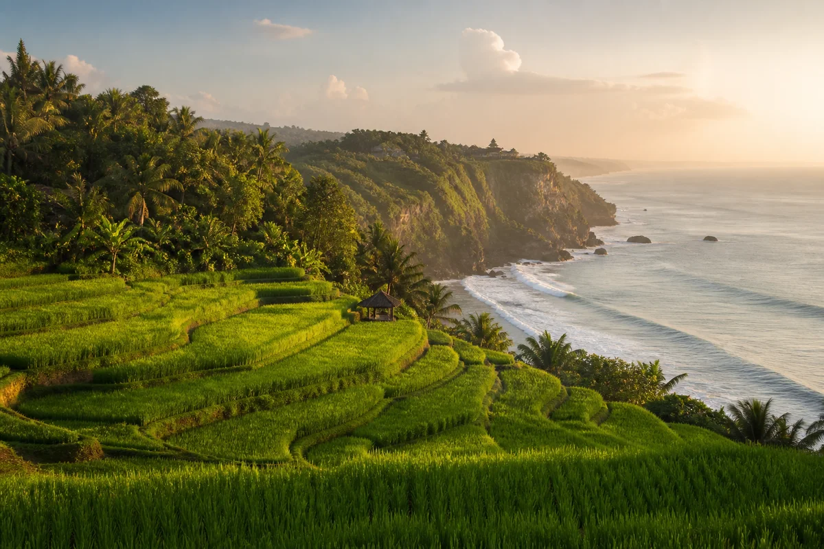Terasering hijau dan garis pantai Bali