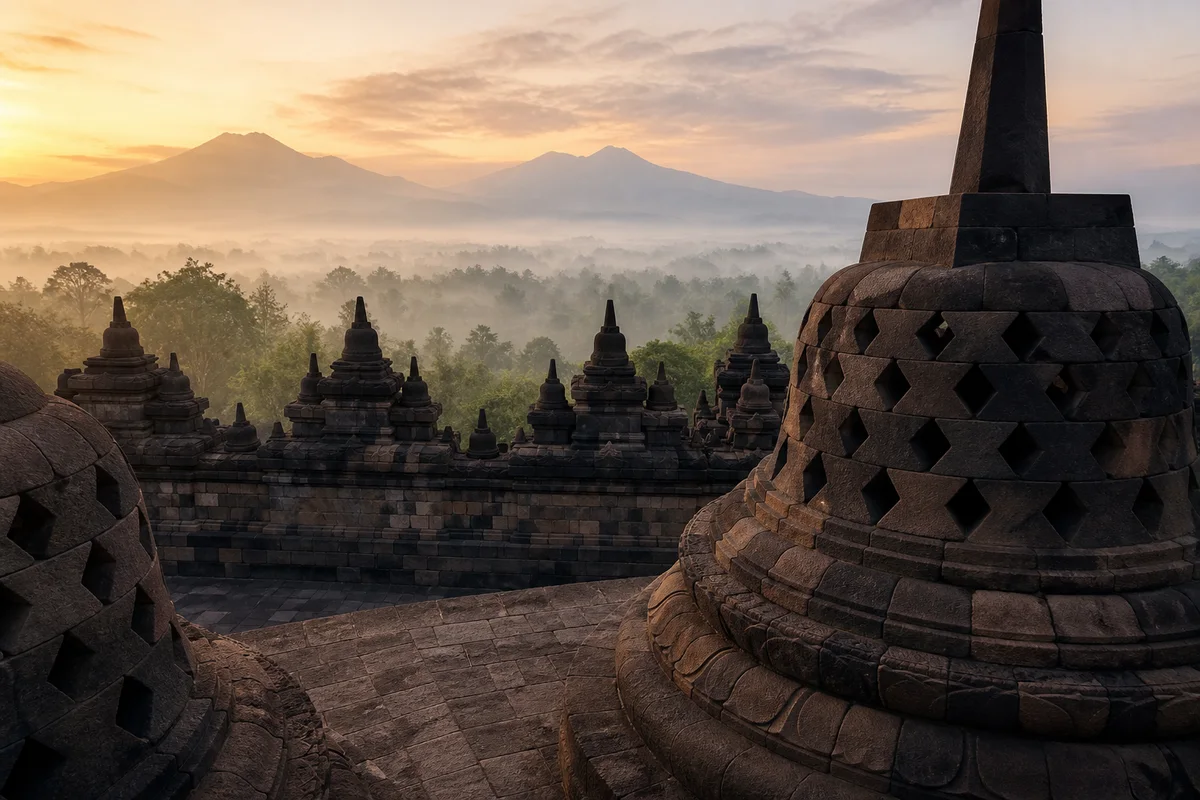 Stupa Candi Borobudur dalam cahaya pagi di Jawa Tengah